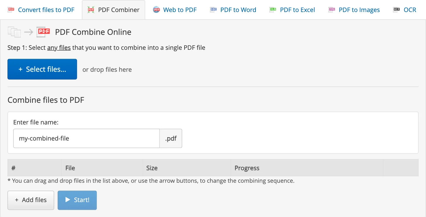 Docs.Zone PDF Combiner with the file name field for combining JPG images into one PDF