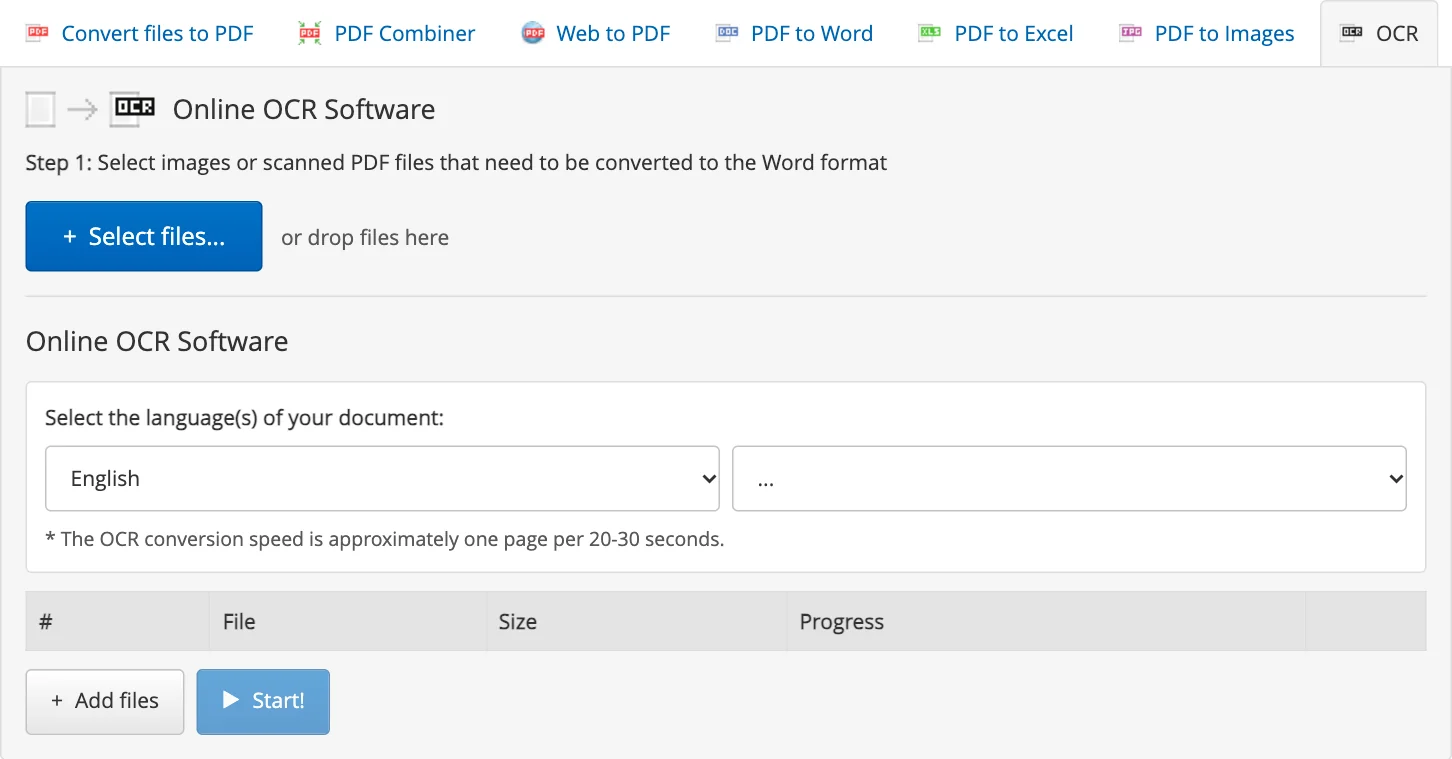 Docs.Zone online OCR converter with the document language selection for a scanned PDF