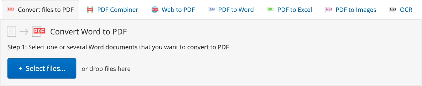 Docs.Zone Word to PDF converter with the Select files button for a CV in DOCX